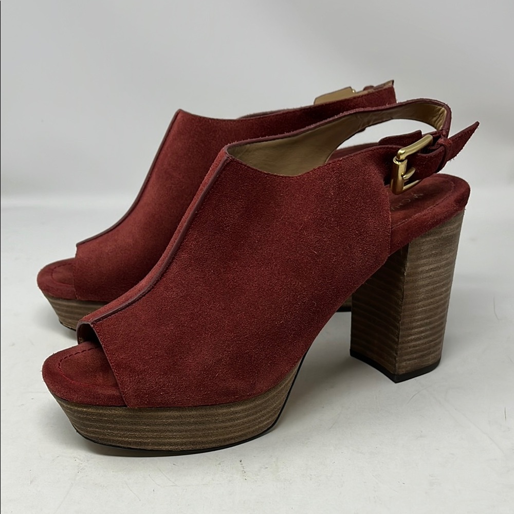 MICHAEL KORS Piper Suede Platform Buckle Sling-back Heels Sandals Dark Red Sz 10
